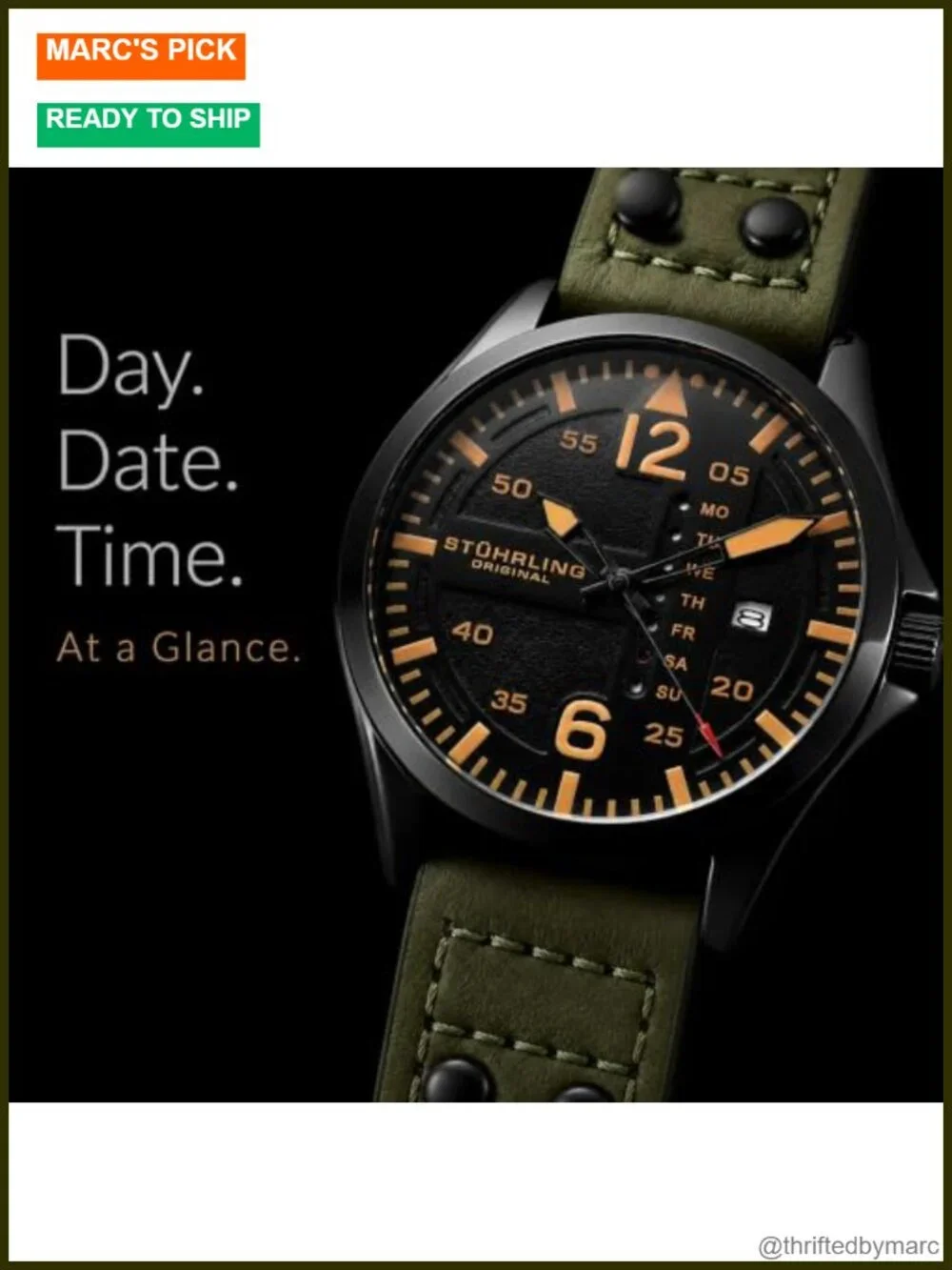 Aviator Watch 42mm Japanese Quartz Day Date Luminous Dial Leather Strap Water